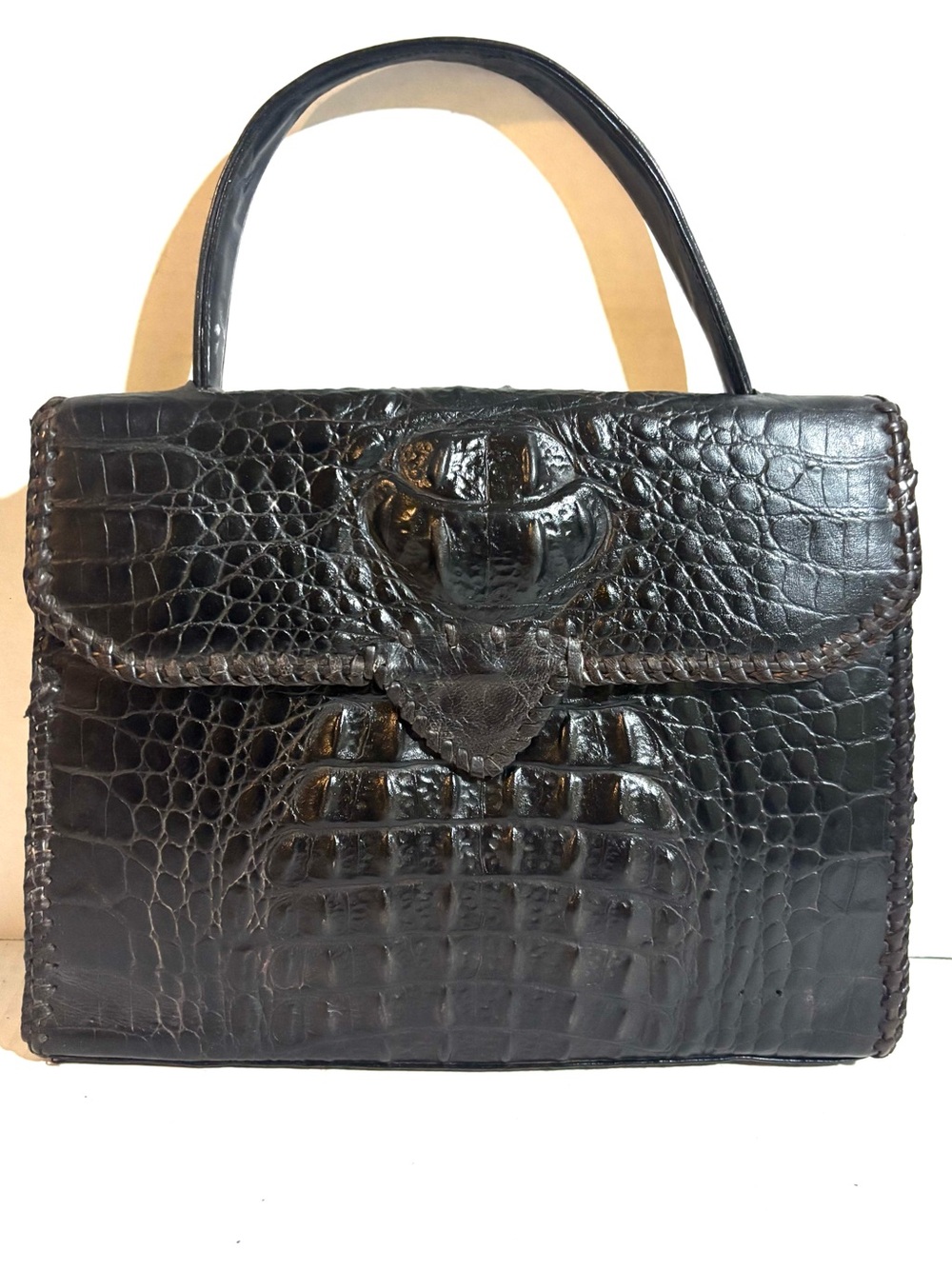Handmade vintage Black crocodile Leather Top-Handle Bag